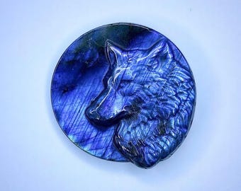 Labradorite Wolf Pendant | Blue Feldspar Crystal Carving | (You Choose)