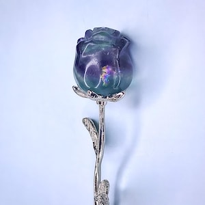 Fluorite Silver-Stem Rose Flower Carving | Crystal Decor | (You Choose)