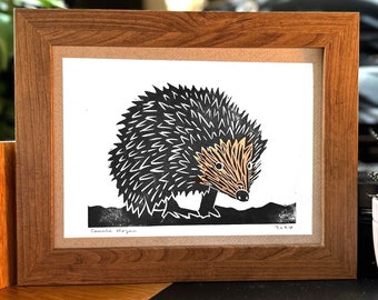 The Rustling Rambler. | An Ghráinneog (The Hedgehog) - Handmade A5 Lino Print.