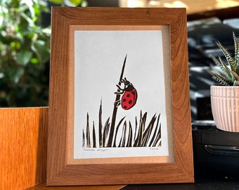 Getting Ready to Fly. | ‘Bóín Dé (Ladybird)’- Handmade A5 Lino Print.