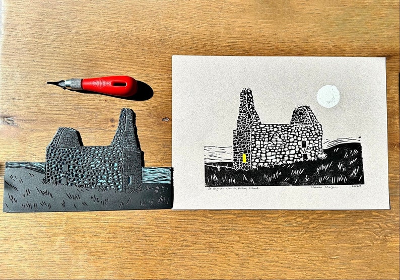 Lino Print St. Begnet's Church on Dalkey Island, Dublin, Ireland A4 zdjęcie 3