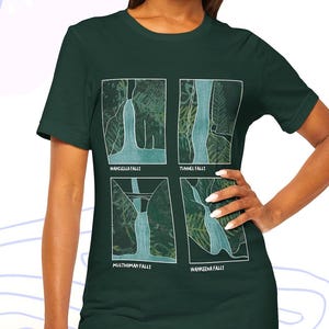 Camiseta minimalista con cascadas del Pacífico Noroeste para mujer, camiseta para entusiastas de las actividades al aire libre, camiseta informal para mujer, regalo de arte lineal para ella