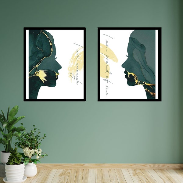 Asymmetric Design, Digital Art Decor,  Duo Digital Print Set, Woman Face, Empowering Duo: Green Marble Prints with Inspirational Quotes