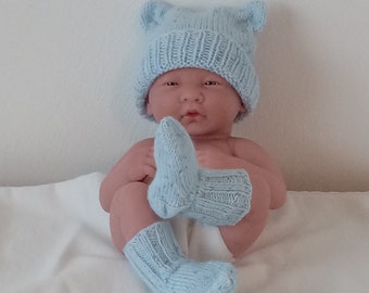 Speckled blue ears hat and matching socks for brand new baby