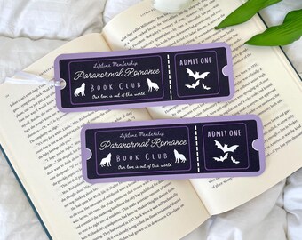 May include: Two purple and black bookmark tickets with the text "Lifetime Membership Paranormal Romance Book Club Our love is out of this world" and "Admit One" with a wolf and bat graphic.
