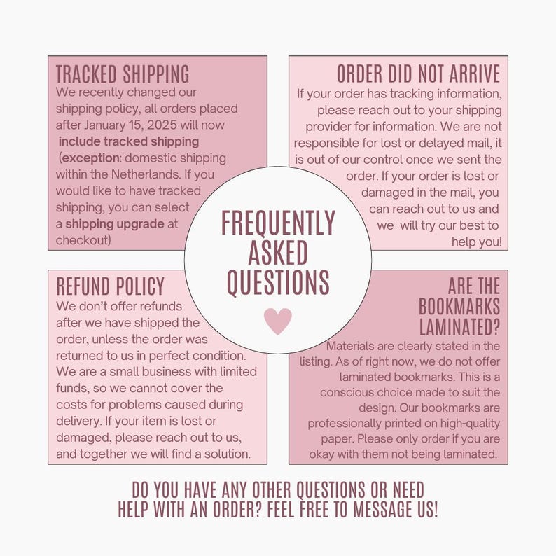 May include: A pink and white graphic with text about shipping, refund, and frequently asked questions about bookmarks. The text includes information about tracked shipping, shipping upgrades, refund policy, order arrival, and whether bookmarks are laminated. The text also includes a message to contact the seller for any questions or help with an order.