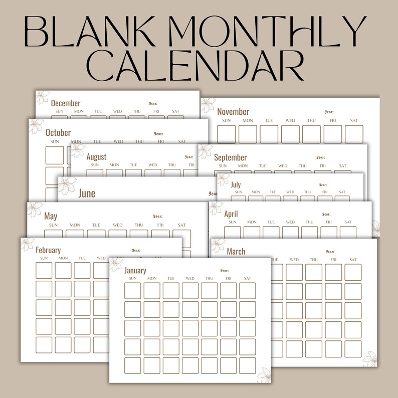 Monthly Blank Calendar, Printable Calendar Template, Horizontal ...