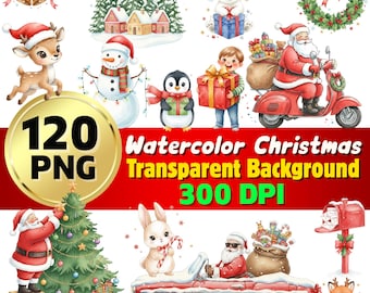 120 Watercolor Christmas Clipart Bundle: Santa, Snowman, Reindeer (PNG, 300 DPI)