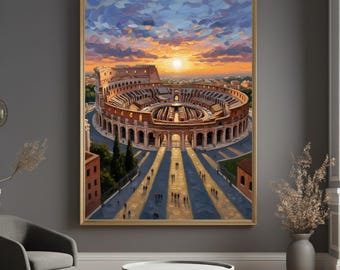Rome Colosseum Wall Art, Italy Landmark Painting, Sunset Cityscape Printable, Travel Wall Decor
