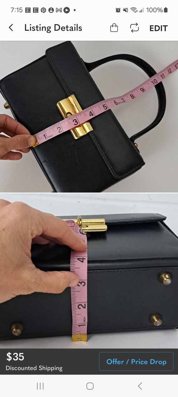 Vntg Calderon Hard shell leather box purse black … - image 8