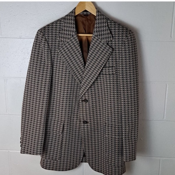 Vntg 70s Sir Walter poly houndstooth tweed zigzag print leisure suit jacket sz38