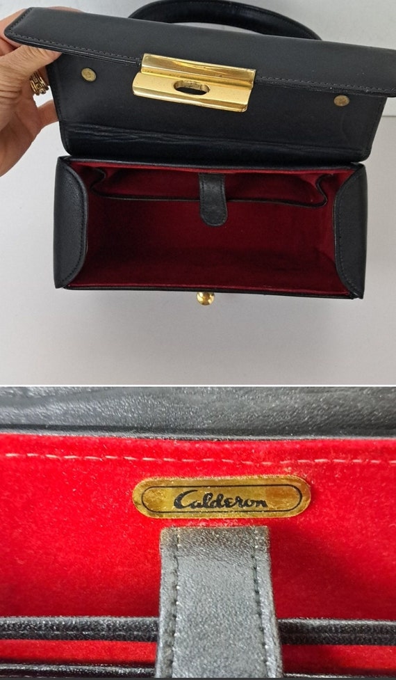 Vntg Calderon Hard shell leather box purse black … - image 7