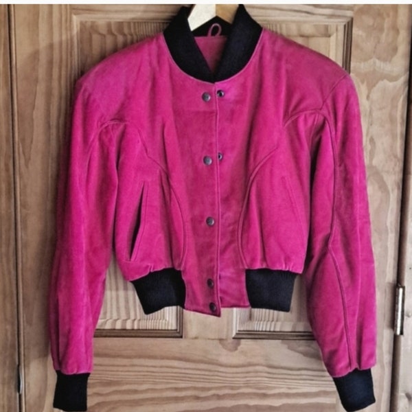 Vntg 80s CHIA pink suede cropped bomber jacket szXS