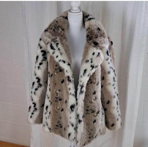 Vntg Charles Klein faux fur snow leopard pea coat… - image 10