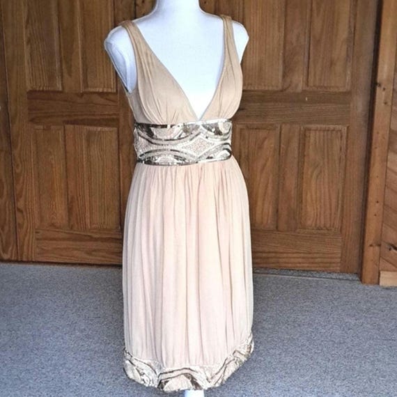 Vintage Macduggal Couture Nude Silk Sequin Deep Plunge Cocktail Dress Sz2