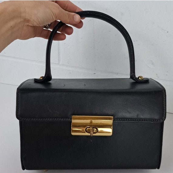 Vntg Calderon Hard shell leather box purse black … - image 1