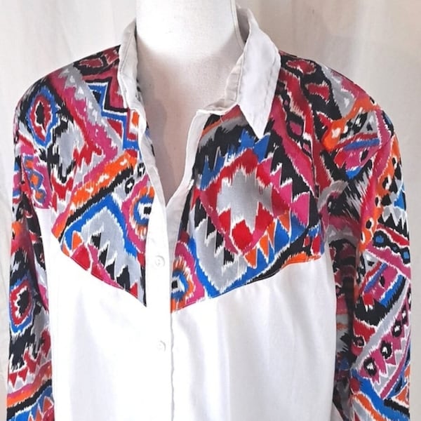 vntg Western Aztec print vibrant color button front cotton blouse szXL