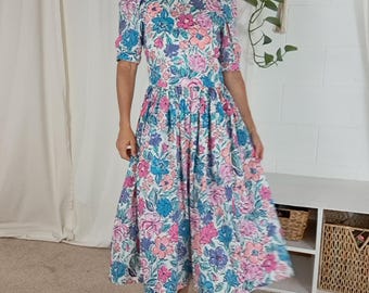 Laura Ashley vintage 90s floral puff sleeve cotton maxi dress szS