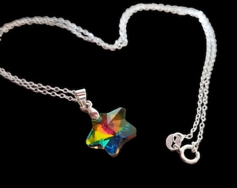 Sterling silver star pendant, glass/crystal necklace, aurora borealis star, rainbow colours, gift for her, wish on a star, teacher gift