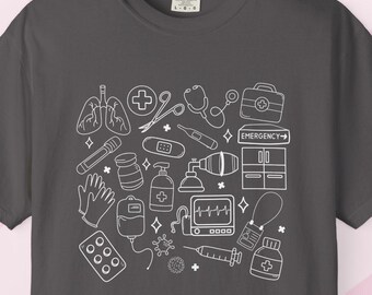 Hand drawn doodles medical shirt for healthcare apparel tshirt hospital necessities graphic tee collage gift for nurse nursing clothing