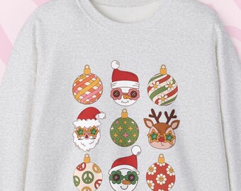 Christmas Crewneck Groovy Retro Holiday Sweatshirt Santa Reindeer Ornament Sweater Fun Cozy Xmas Gift for Her Seasonal Party Clothing