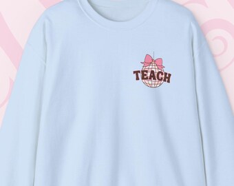 Coquette Disco Ball Teach Sweatshirt Cozy Educator Crewneck Teaching Apparel For Work Cute Pink Clothing New Teacher Education Comfy Gift