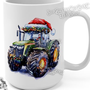 Christmas Tractor Mug 15oz Holiday Farm Mug Farmer Gift Festive Tractor with Lights Holiday Hat Country Christmas Mug Farm Life