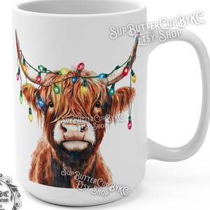 Highland Cow Christmas 15oz Mug Festive Lights Holiday Coffee Cup Rustic Farmhouse Style Perfect Christmas Gift for Cow Lovers Holiday Cheer