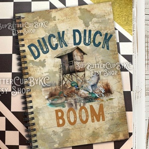 Cuaderno de caza de patos, libro de patos, exterior rústico, tonos tierra, patos y escondite para patos, interior rural, diario de caza, regalo divertido de patos