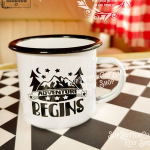 Outdoor Adventure Enamel Camping Cup, Campers Gift, Outdoor Coffee Mug, Camping Mountain Cup, Campfire Mug, Black and White Enamel Camp Cup