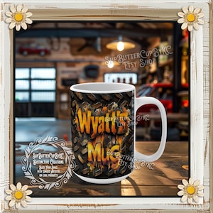 Mug for Wyatt, Men&#39;s Rugged custom name mug, Mens personalized masculine coffee cup, guys gift, unique mug, dynamic amazing design 15oz Mug