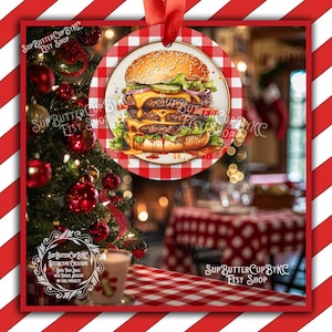 Enfeites de Natal Mega Stacked Diner Burger Decoração de árvore de Natal Coleção Diner Enfeite de Natal Retro Vibe Enfeite Vermelho Country Presente