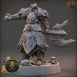 May include: A grey, skeletal warrior miniature figure holding a large axe with skulls on the blade. The figure is wearing armor and a fur cloak. The miniature is standing on a base with skulls around it. The text "The Fallen Camaradas of Tainted Moor" is visible in the lower left corner.