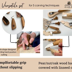 May include: A versatile set of wood carving tools with pear, nut, or oak wood handles covered in linseed oil. The set includes five carving tools for various techniques. The handles are designed for comfortable grip without slipping. The image includes the text "Versatile set for 5 carving techniques".