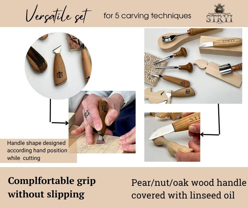 May include: A versatile set of wood carving tools with pear, nut, or oak wood handles covered in linseed oil. The set includes five carving tools for various techniques. The handles are designed for comfortable grip without slipping. The image includes the text "Versatile set for 5 carving techniques".