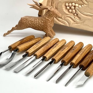 Basic Holz Schnitzset 9 Stück, Set für Reliefschnitzerei, Geschenk für Holzarbeiter, Geschenk für Opa, Meißel Set, Hobbywerkzeug, Holzbastelwerkzeug