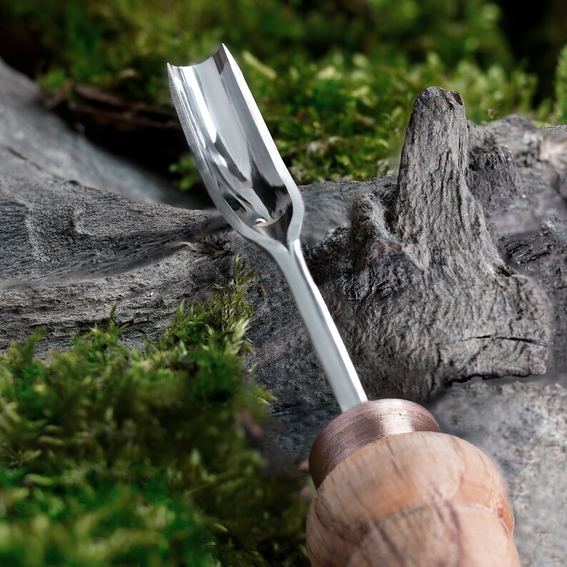 Pu&ograve; includere: Uno strumento per intagliare il legno con una lama argentata e un manico in legno. Lo strumento &egrave; appoggiato su un pezzo di legno ricoperto di muschio.