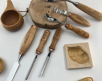 Träsnideri-kit för sked- och kuksasnideri, Smidda verktyg, Träbearbetningsverktyg, Skålsnideriverktyg, Kuksa-mejslar, Skedsnideriverktyg, Skölplåt