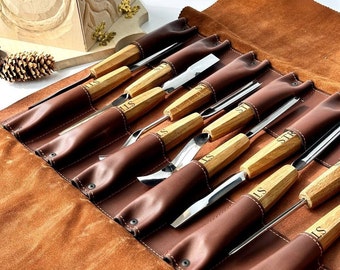 Wood carving set 12 pieces in a genuine leather case, Carving chisels, Carving toolset, Gouges set, Gift for men, Carving tools
