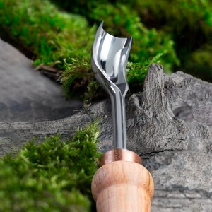 Pu&ograve; includere: Un primo piano di uno strumento per intagliare il legno con una lama in metallo e un manico in legno. Lo strumento &egrave; appoggiato su un letto di muschio verde.