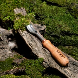 Pu&ograve; includere: Uno strumento per intagliare il legno con una lama in metallo e un manico in legno. Il manico &egrave; inciso con la parola "STRYI". Lo strumento &egrave; appoggiato su un pezzo di legno ricoperto di muschio.