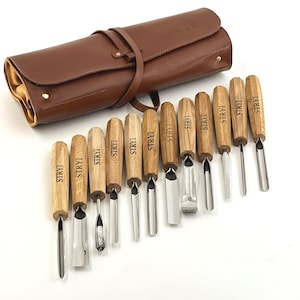 Juego de tallado de madera de 12 piezas en un estuche de cuero genuino, cinceles para tallar, juego de herramientas para tallar, juego de gubias, regalo para papá, regalo para graduación