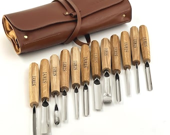 Wood carving set 12 pieces in a Genuine Leather Case, Carving chisels, Carving toolset, Gouges set, Gift for dad, Gift for graduation