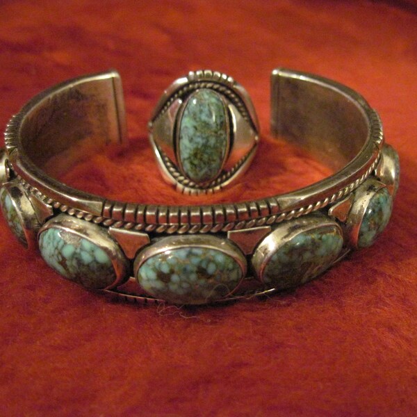 Native American Navajo Turquoise and Silver cuff bracelet and matching ring by Esther Wood - early 80s