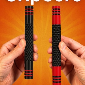 May include: Two black and red GripCore exercise handles are held in hands against an orange background. The handles have a diamond pattern grip and red accents. The word "GripCore" is displayed in white at the top.