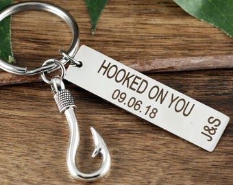 Hooked On You Keychain, Personalized Fishing Gift, Gift for Husband, Boyfriend, or Grandpa, Custom Engraved Fisherman Keychain