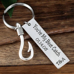 My Best Catch Keychain, Personalized Gift for Him, Anniversary Gift for Boyfriend or Husband, Fishhook Keychain, Engraved Keychain