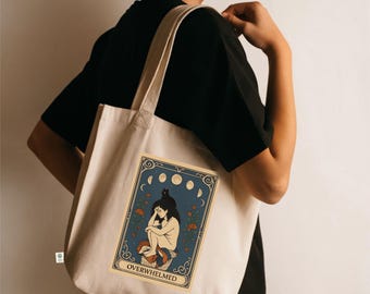 Bolsa de mano con cartas del Tarot "Abrumada": Gato Brujo, Fases Lunares, Algodón Orgánico