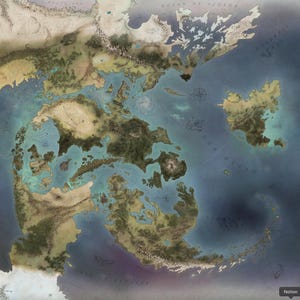 Pode incluir: Um mapa detalhado desenhado à mão de um mundo fictício com um grande oceano central rodeado por continentes. O mapa apresenta várias formas de relevo, incluindo montanhas, rios e florestas. O oceano é rotulado como "O Grande Oceano" e os continentes são rotulados com nomes como "As Terras do Norte" e "As Ilhas do Sul".