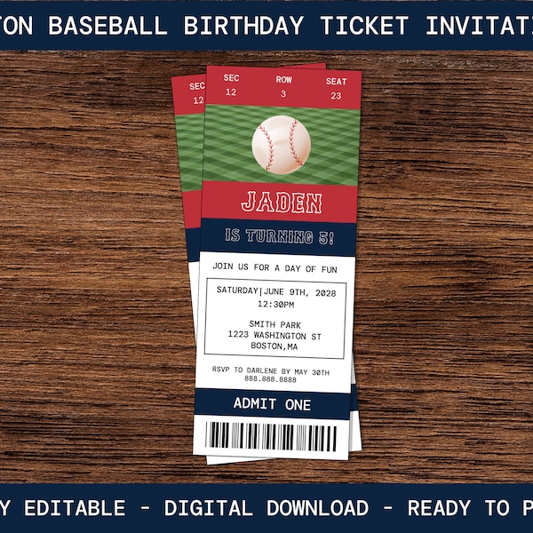 Boston Baseball Ticket Stub Template: Editable Ticket Invitation - Instant Download - Fully Editable!